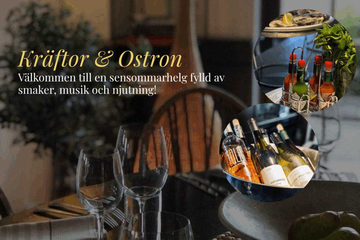 Dukat bord för sensommarfest med kräftor och ostron, vinflaskor på kylning, heta såser och inbjudande miljö.