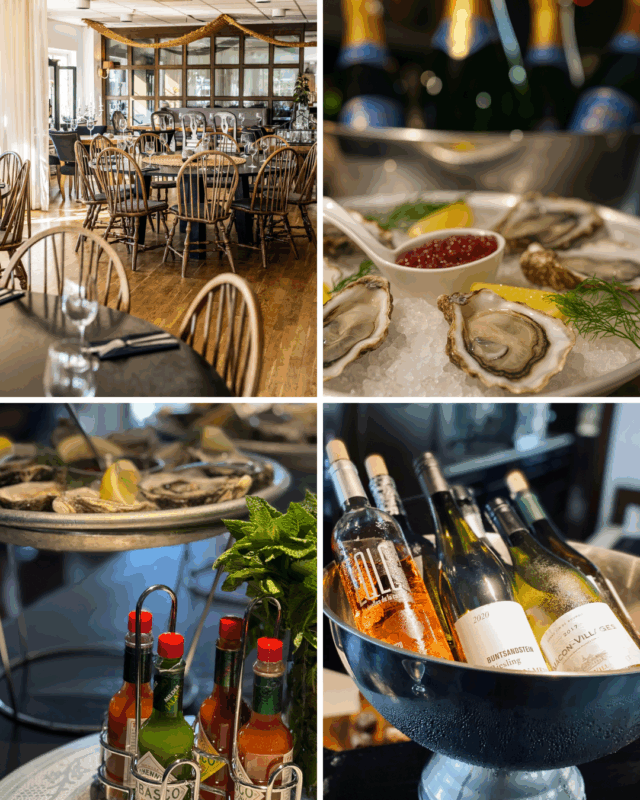 Fyra bilder från en exklusiv restaurangupplevelse: En inbjudande matsal med trästolar och dukade bord; ett fat med färska ostron, citron och rödlöksvinaigrette framför kylda champagneflaskor; ett serveringsfat med ostron och flera sorters tabascoflaskor; samt en vinkylare fylld med vita och roséviner på is.
