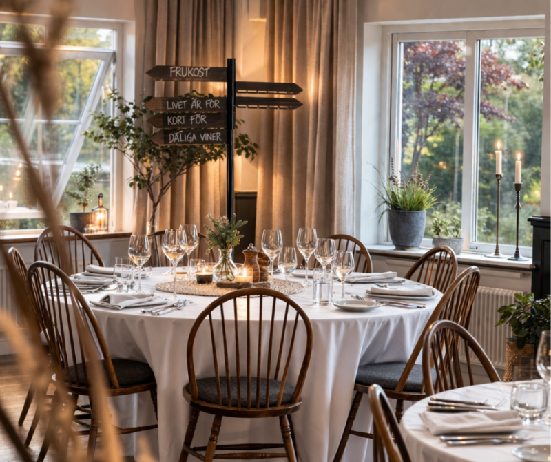Bröllopsdukning i restaurang med vita dukar – elegant festlokal nära naturen i Stockholm, perfekt för bröllop, middag och fest. Stilfullt dukade bord med vinglas, levande ljus och romantisk atmosfär i lantlig miljö.